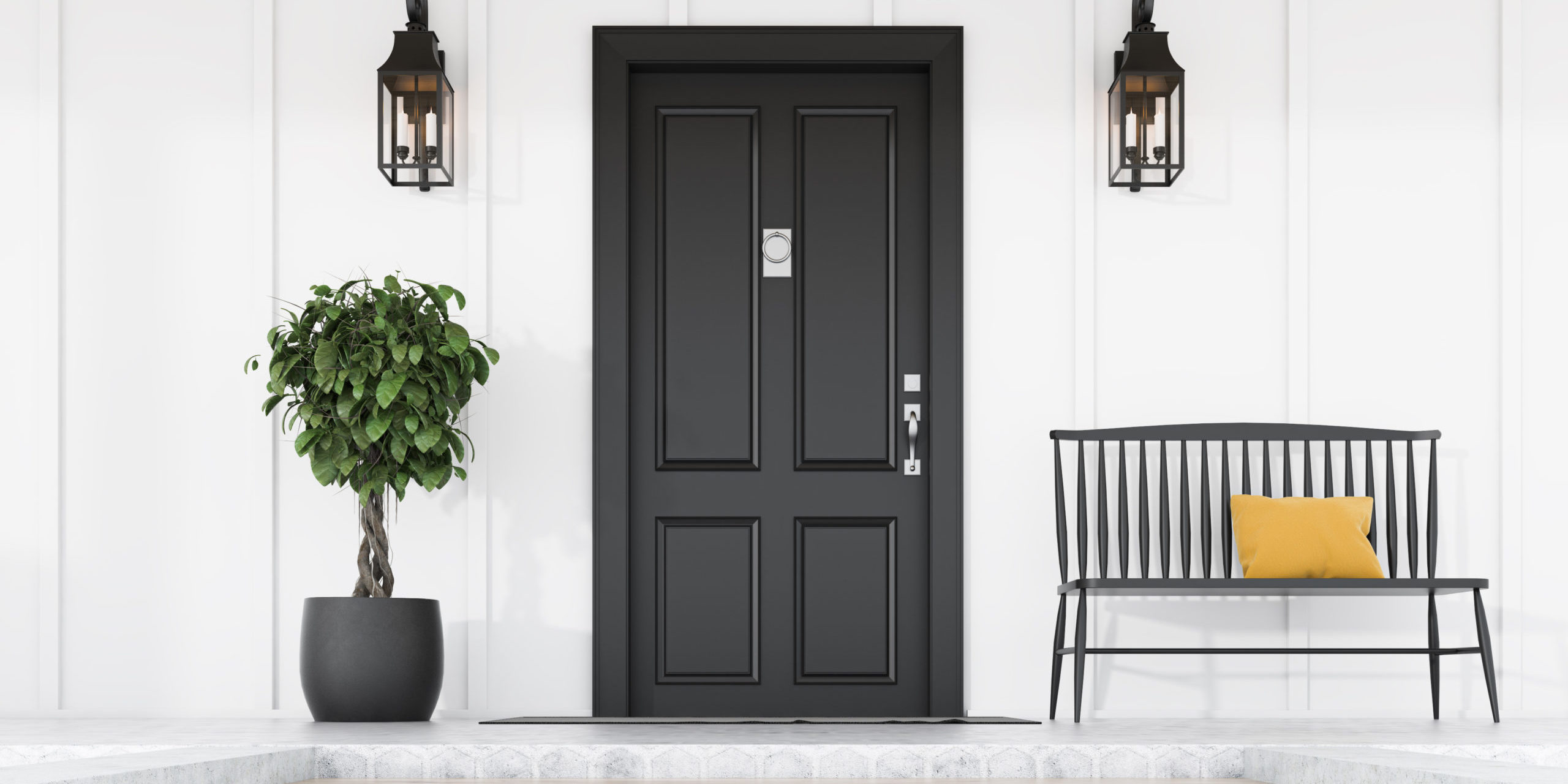 Black front door of white house, tree and bench Exterior Doors